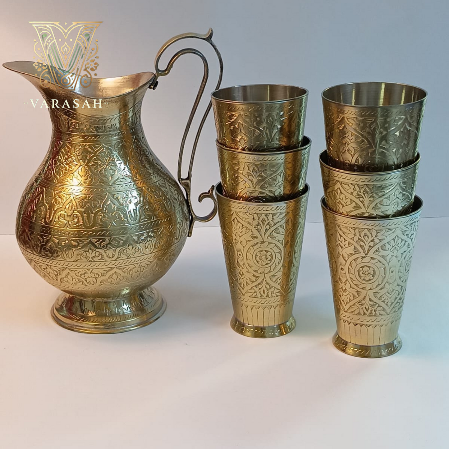 Antique Brass Jug & 6 Glasses Set – Handcrafted Elegance