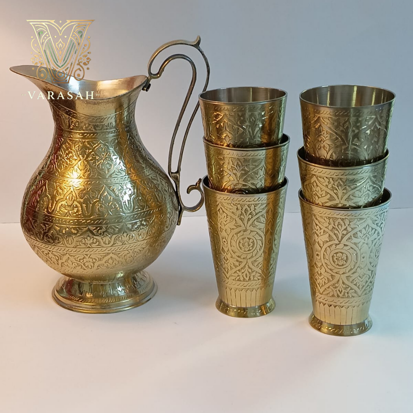 Antique Brass Jug & 6 Glasses Set – Handcrafted Elegance