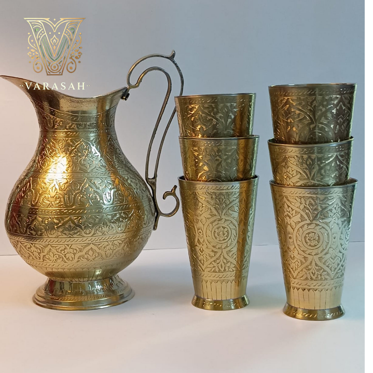 Antique Brass Jug & 6 Glasses Set – Handcrafted Elegance