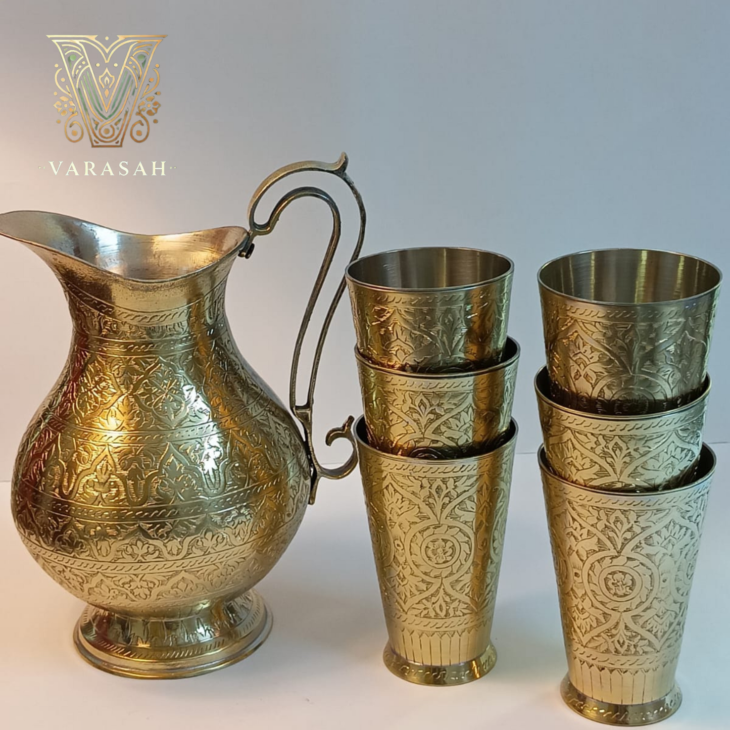 Antique Brass Jug & 6 Glasses Set – Handcrafted Elegance