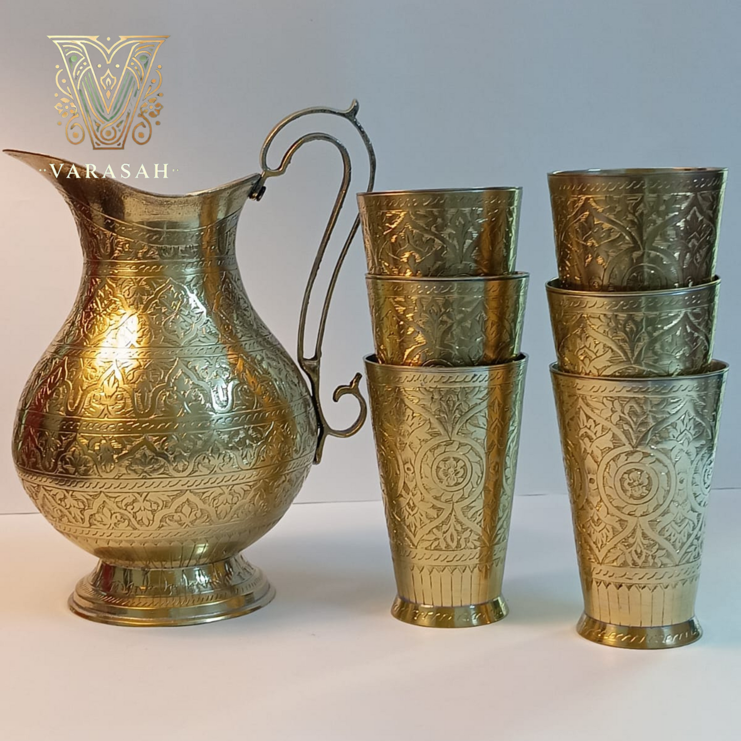 Antique Brass Jug & 6 Glasses Set – Handcrafted Elegance